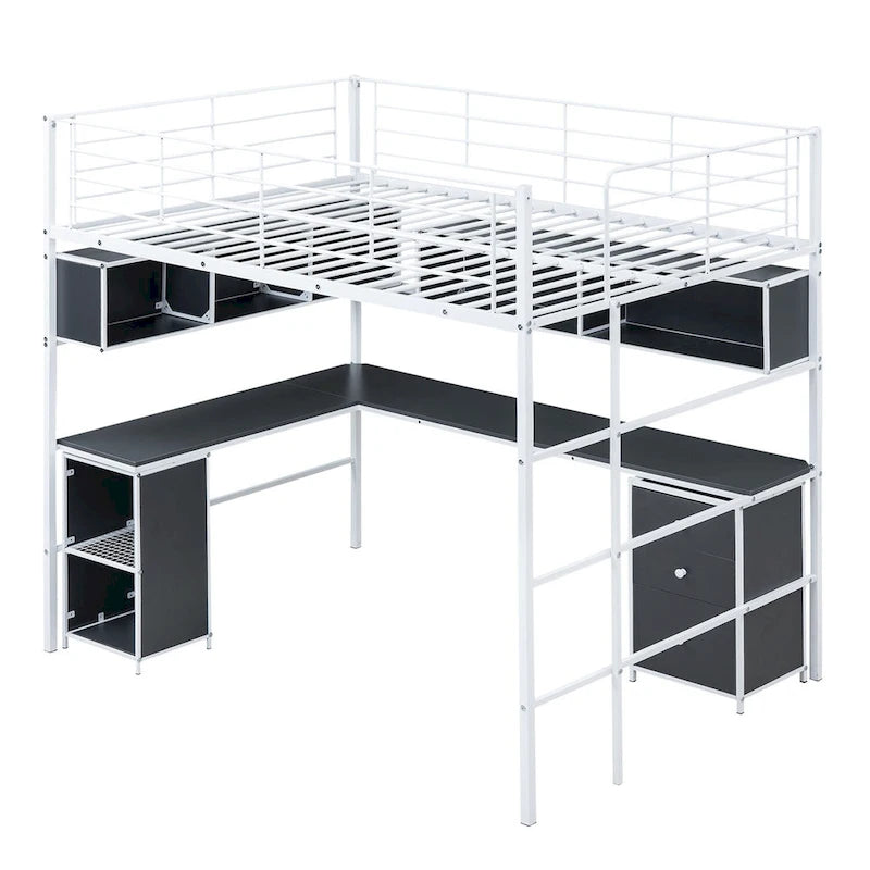 Metall-Hochbett mit Bücherregal, Schreibtisch und Schrank