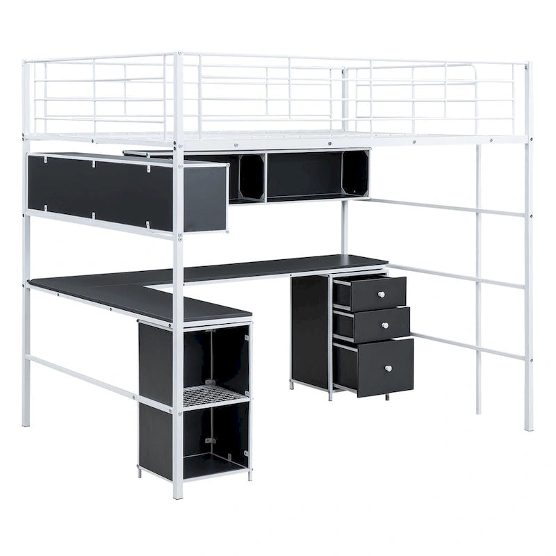 Metall-Hochbett mit Bücherregal, Schreibtisch und Schrank