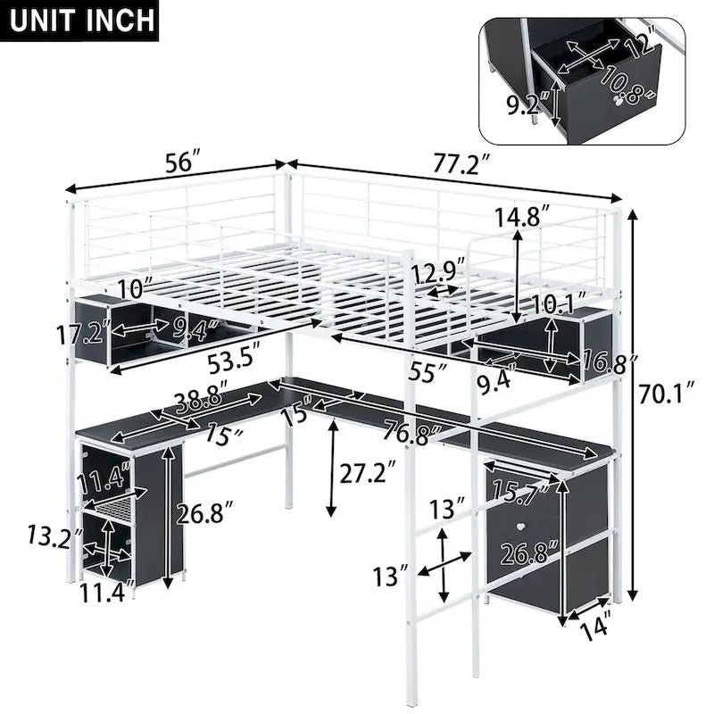 Metall-Hochbett mit Bücherregal, Schreibtisch und Schrank