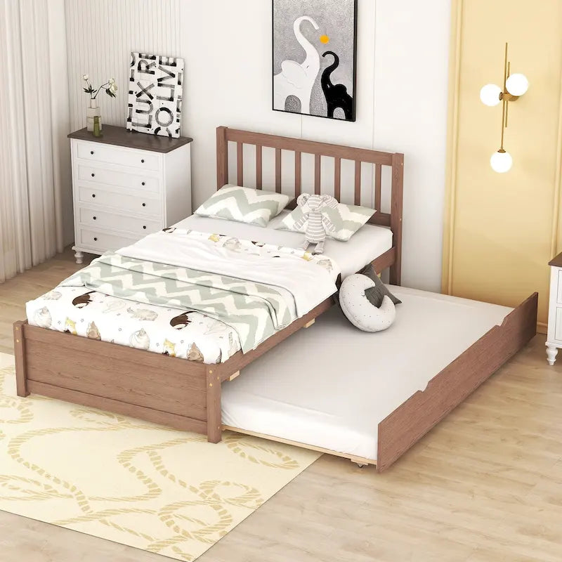 Cama nido de plataforma de madera de tamaño Twin con acabado de nogal