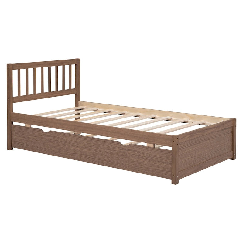 Plattformbett in Twin-Größe aus Holz mit Walnuss-Finish und Ausziehbett