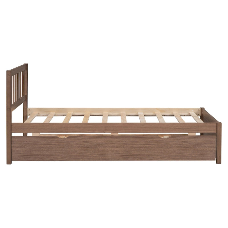 Cama nido de plataforma de madera de tamaño Twin con acabado de nogal