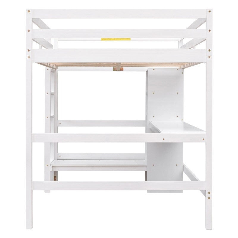 Full Size Loft Bed with Multifunction Shelves and Under-bed Desk
