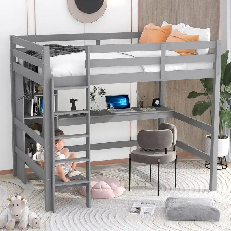Hochbett in Doppelbettgröße mit multifunktionalen Regalen und Schreibtisch unter dem Bett