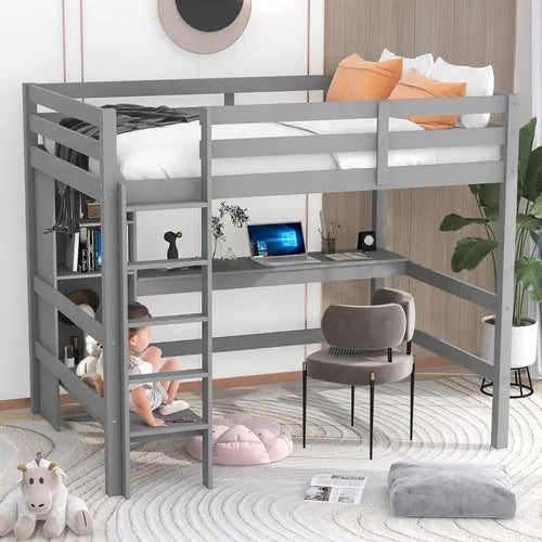 Hochbett in Doppelbettgröße mit multifunktionalen Regalen und Schreibtisch unter dem Bett