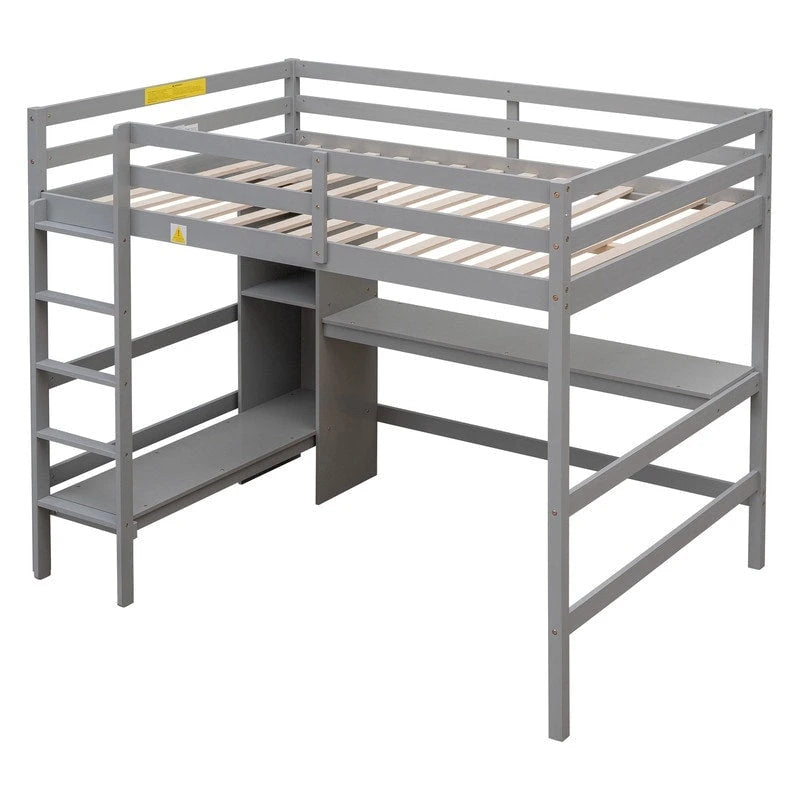 Hochbett in Doppelbettgröße mit multifunktionalen Regalen und Schreibtisch unter dem Bett