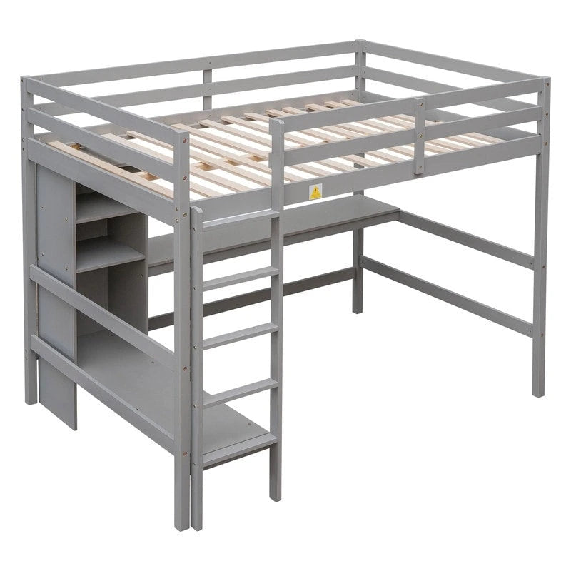 Hochbett in Doppelbettgröße mit multifunktionalen Regalen und Schreibtisch unter dem Bett
