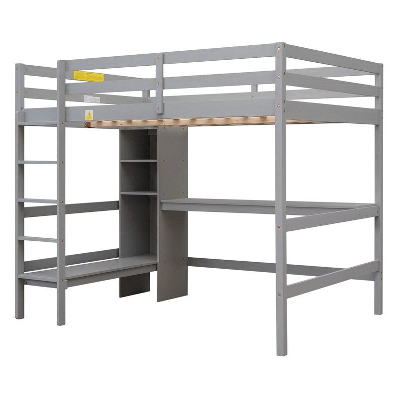 Hochbett in Doppelbettgröße mit multifunktionalen Regalen und Schreibtisch unter dem Bett