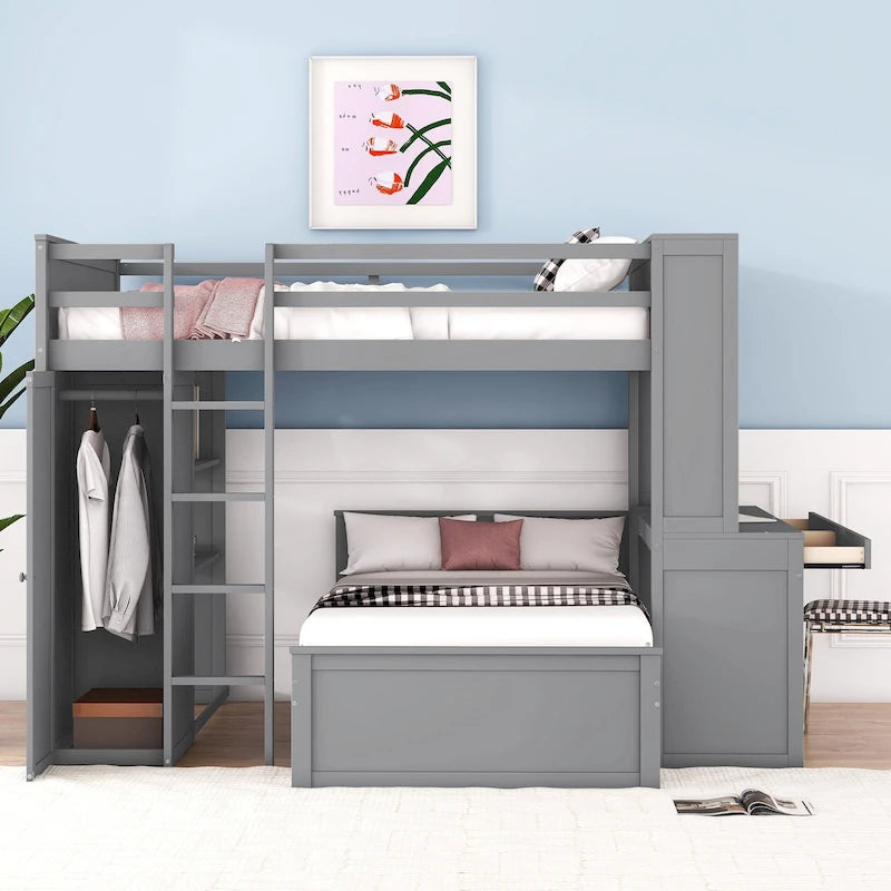 Cama alta de tamaño matrimonial con una cama independiente de tamaño individual