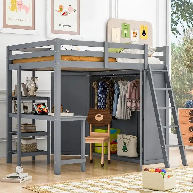Cama alta de madera de tamaño Full con armario, escritorio y estantes