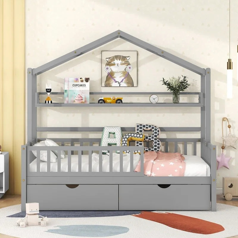 Wooden Twin Size House Bed with 2 Drawers,Kids Bed with Storage Shelf, White