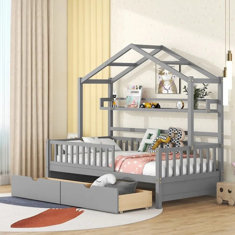 Cama de madera de tamaño Twin con 2 cajones, cama infantil con estante de almacenamiento, blanca