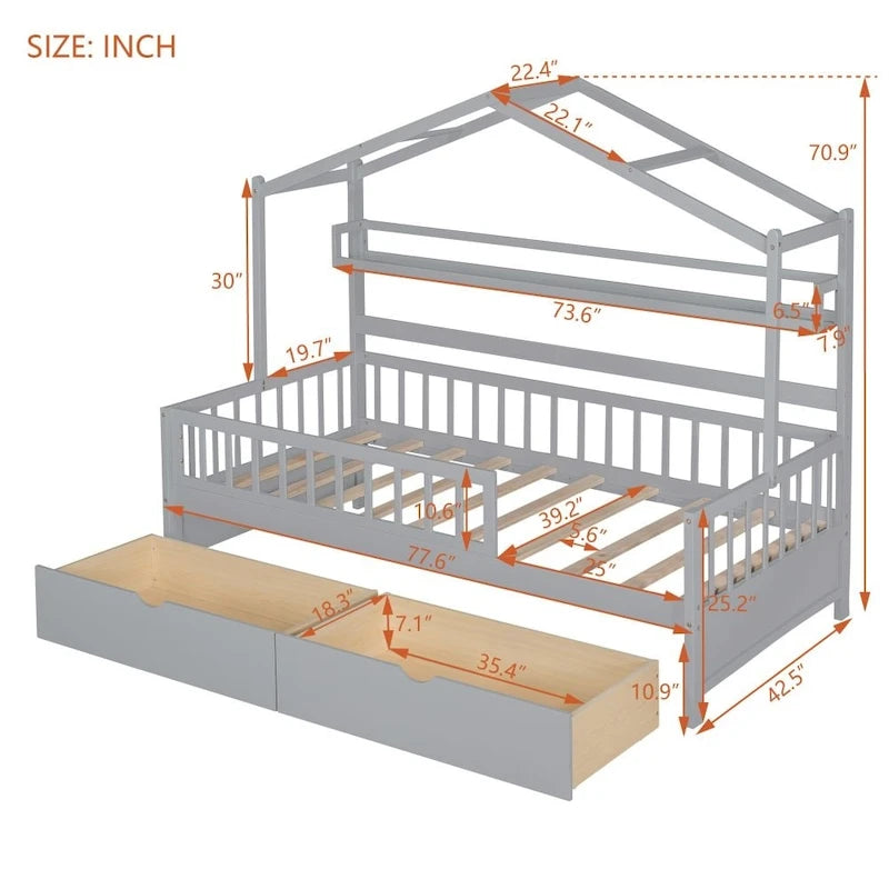 Cama de madera de tamaño Twin con 2 cajones, cama infantil con estante de almacenamiento, blanca
