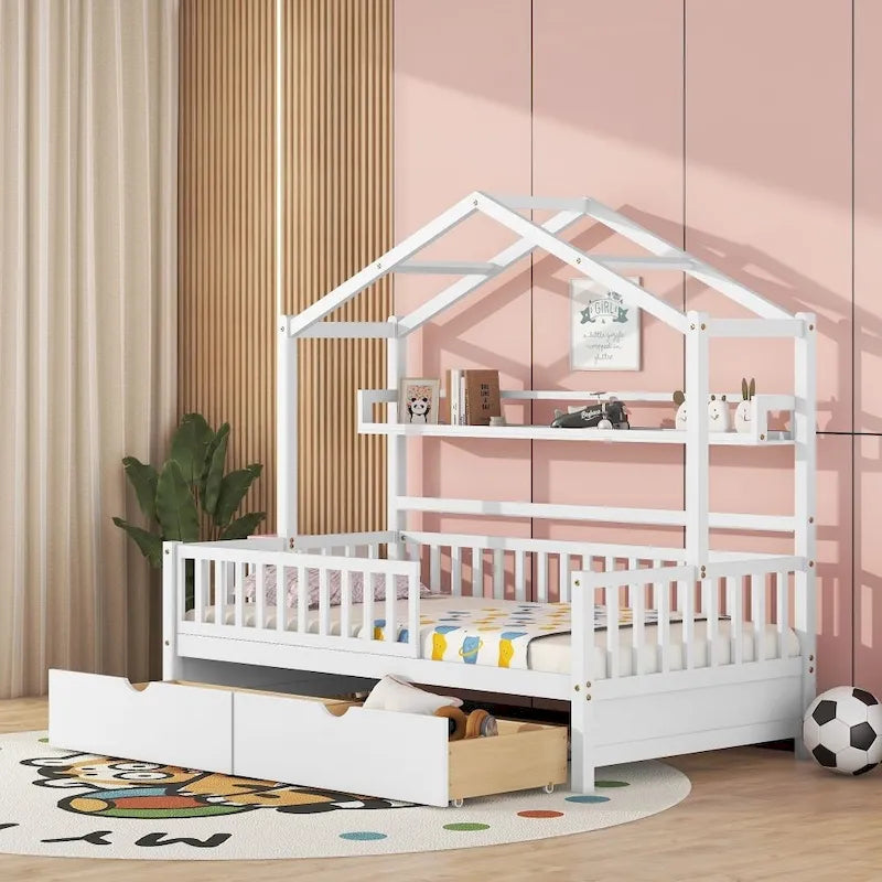 Cama de madera de tamaño Twin con 2 cajones, cama infantil con estante de almacenamiento, blanca