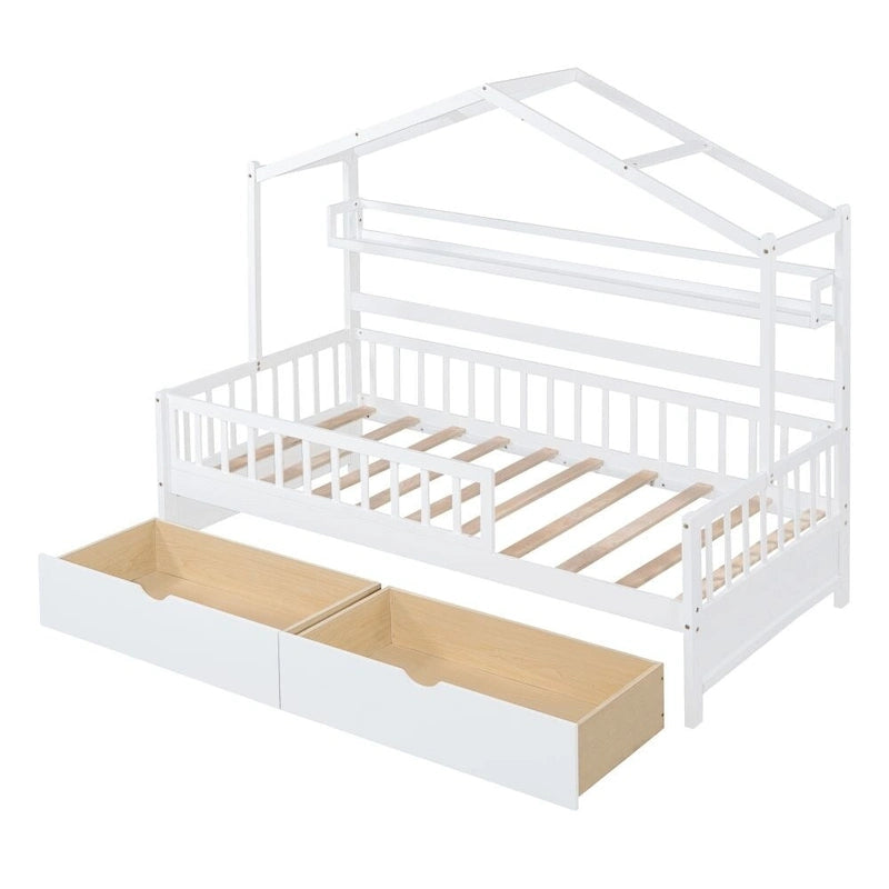 Cama de madera de tamaño Twin con 2 cajones, cama infantil con estante de almacenamiento, blanca