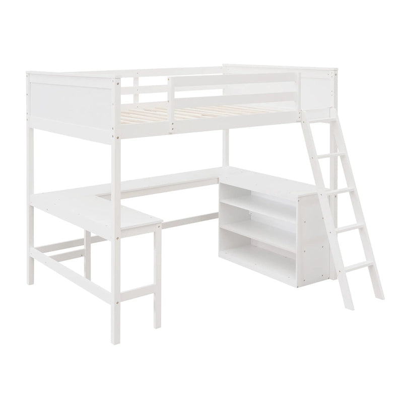 Cama alta de madera tamaño Full con estantes y escritorio - blanca