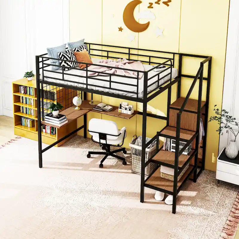 Full Size Metal Loft Bed with Desk and, Stylish Metal Frame with Lateral Storage Ladder and Wardrobe, Black