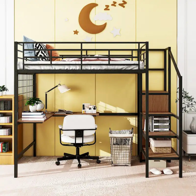 Cama alta metálica tamaño Full con escritorio y elegante estructura metálica con escalera lateral de almacenamiento y armario, negra