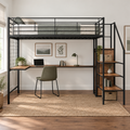 Cama alta metálica tamaño Full con escritorio y elegante estructura metálica con escalera lateral de almacenamiento y armario, negra