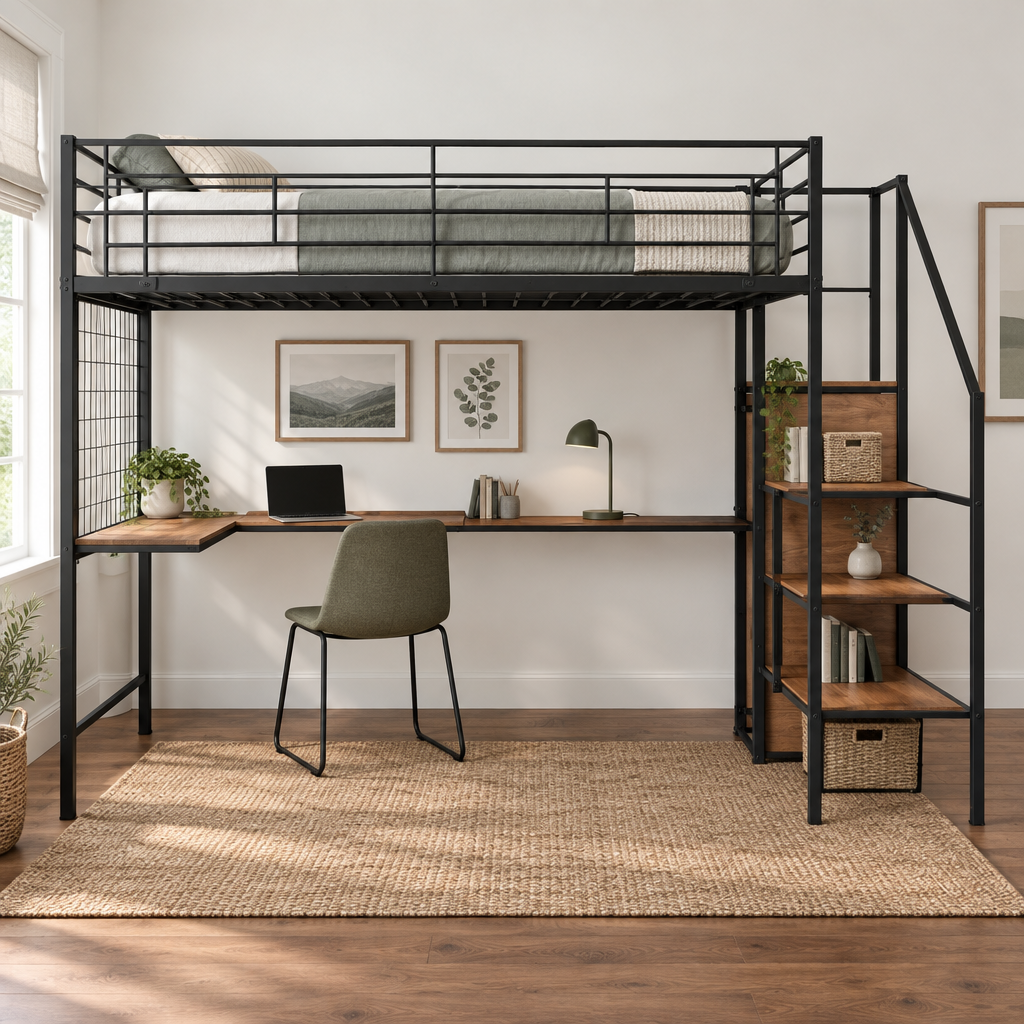 Cama alta metálica tamaño Full con escritorio y elegante estructura metálica con escalera lateral de almacenamiento y armario, negra