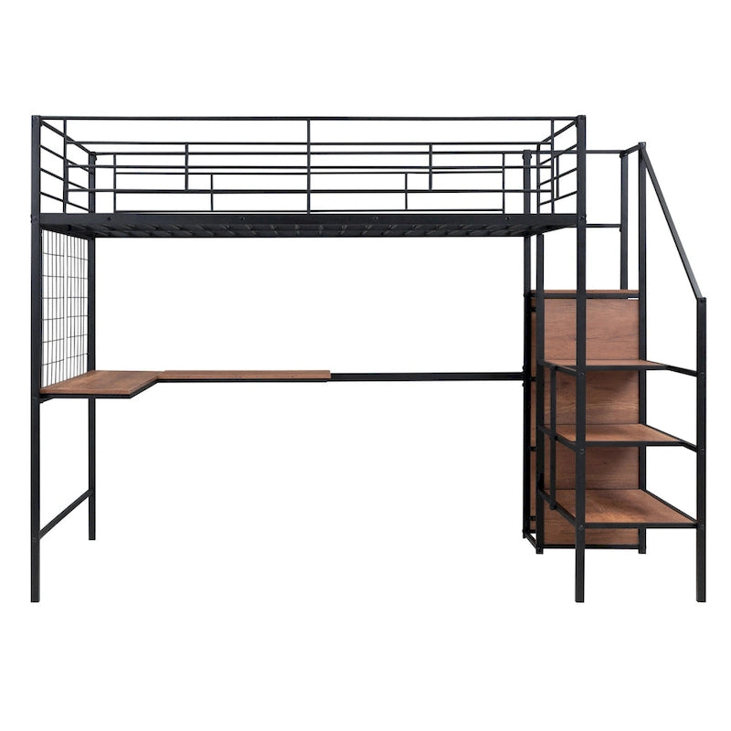 Cama alta metálica tamaño Full con escritorio y elegante estructura metálica con escalera lateral de almacenamiento y armario, negra
