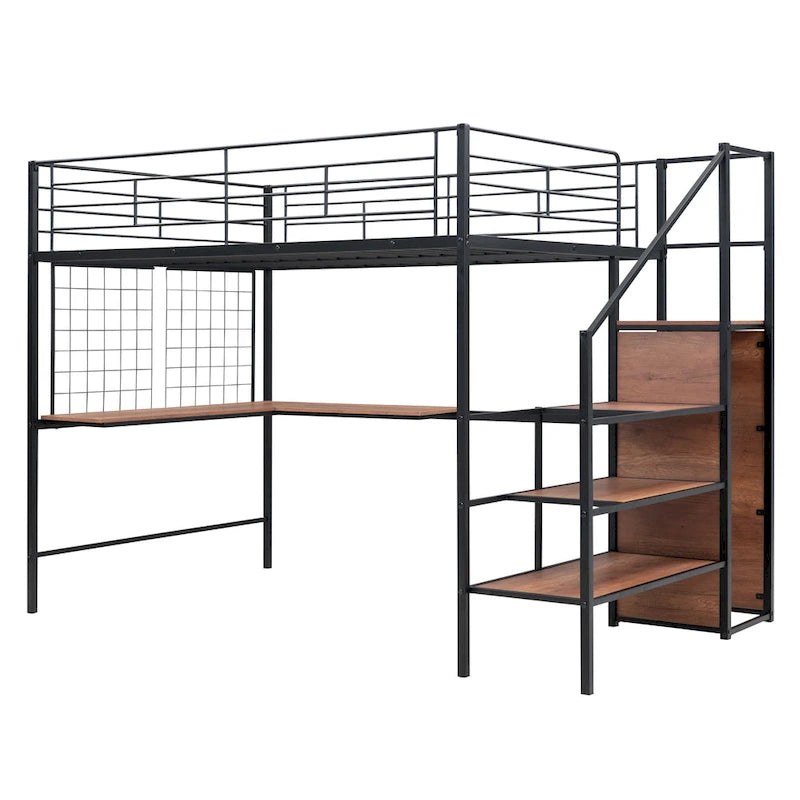 Cama alta metálica tamaño Full con escritorio y elegante estructura metálica con escalera lateral de almacenamiento y armario, negra