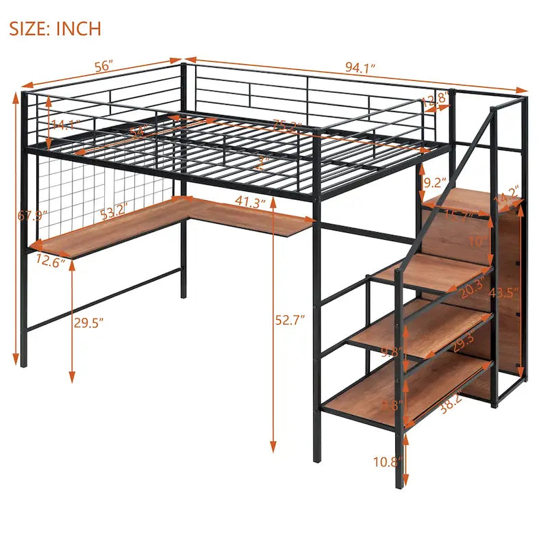 Cama alta metálica tamaño Full con escritorio y elegante estructura metálica con escalera lateral de almacenamiento y armario, negra