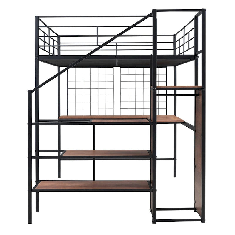 Cama alta metálica tamaño Full con escritorio y elegante estructura metálica con escalera lateral de almacenamiento y armario, negra