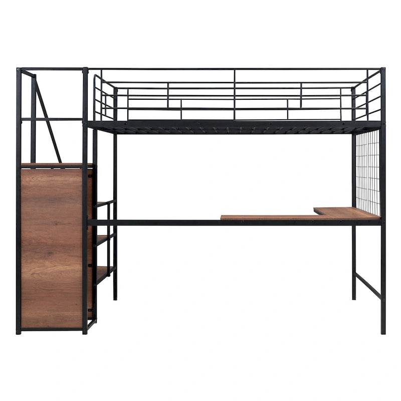 Cama alta metálica tamaño Full con escritorio y elegante estructura metálica con escalera lateral de almacenamiento y armario, negra