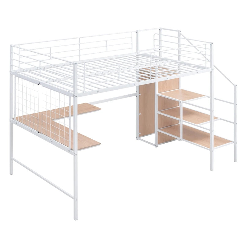 Cama alta metálica tamaño Full con escritorio y elegante estructura metálica con escalera lateral de almacenamiento y armario, negra