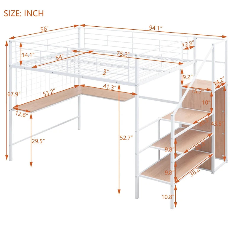 Cama alta metálica tamaño Full con escritorio y elegante estructura metálica con escalera lateral de almacenamiento y armario, negra
