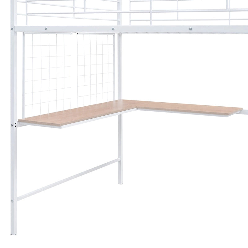 Cama alta metálica tamaño Full con escritorio y elegante estructura metálica con escalera lateral de almacenamiento y armario, negra