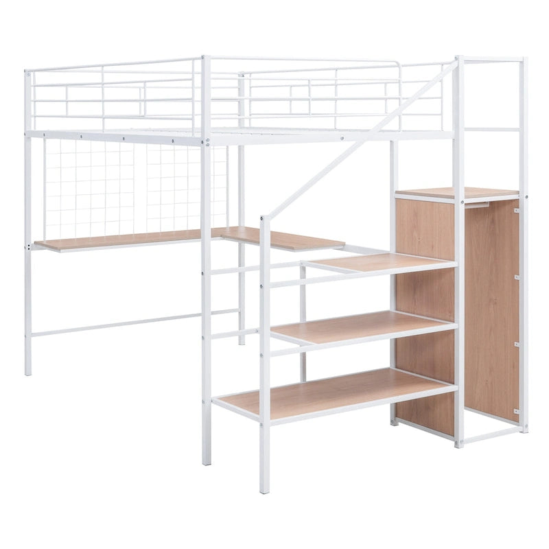 Cama alta metálica tamaño Full con escritorio y elegante estructura metálica con escalera lateral de almacenamiento y armario, negra
