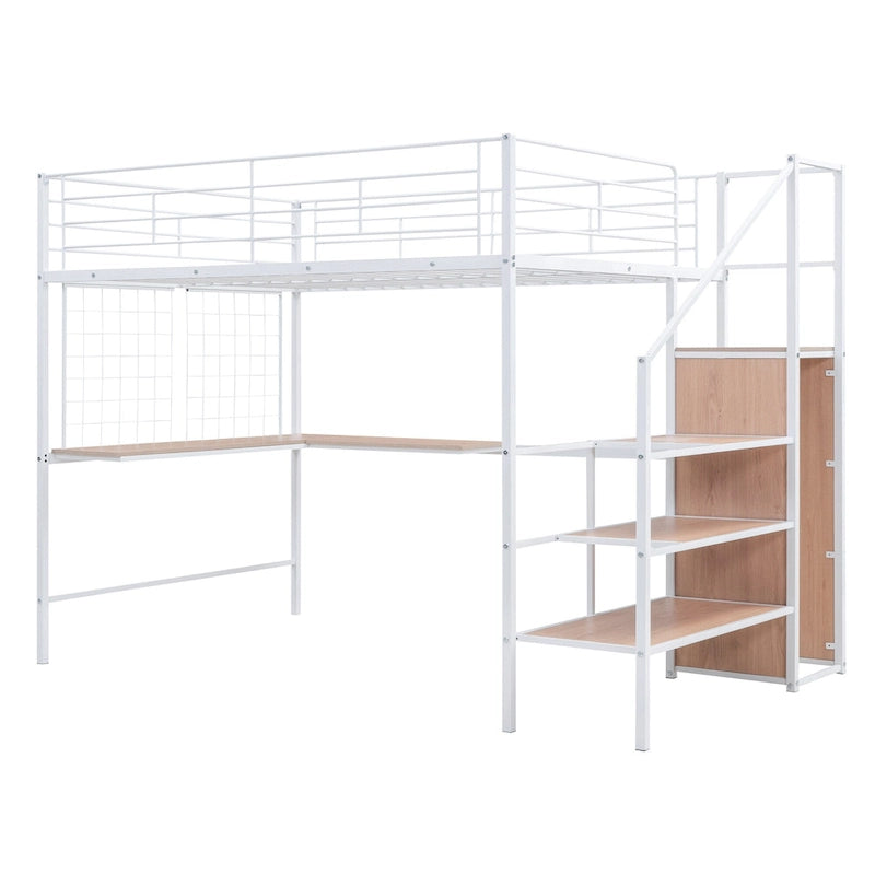 Cama alta metálica tamaño Full con escritorio y elegante estructura metálica con escalera lateral de almacenamiento y armario, negra