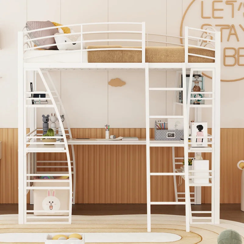 Cama alta de tamaño Full con 4 niveles de estantes y escritorio en forma de L, cama con elegante estructura metálica, puertos USB y carga inalámbrica, blanca