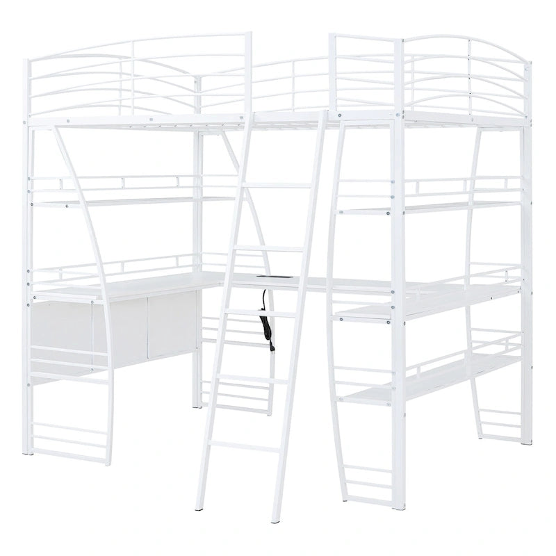 Cama alta de tamaño Full con 4 niveles de estantes y escritorio en forma de L, cama con elegante estructura metálica, puertos USB y carga inalámbrica, blanca
