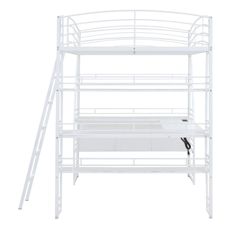 Cama alta de tamaño Full con 4 niveles de estantes y escritorio en forma de L, cama con elegante estructura metálica, puertos USB y carga inalámbrica, blanca