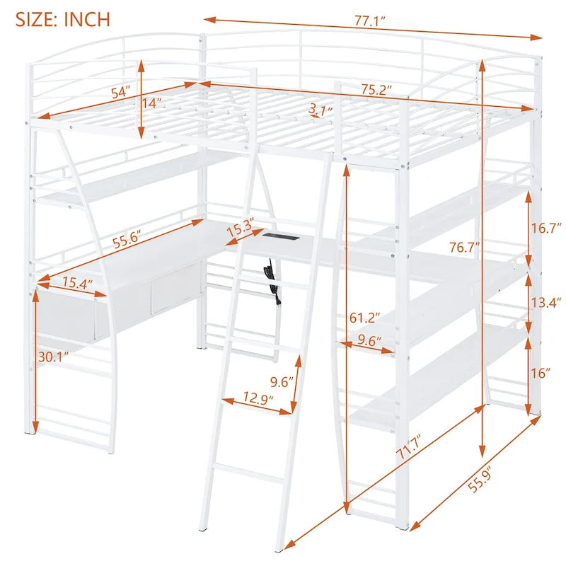 Cama alta de tamaño Full con 4 niveles de estantes y escritorio en forma de L, cama con elegante estructura metálica, puertos USB y carga inalámbrica, blanca
