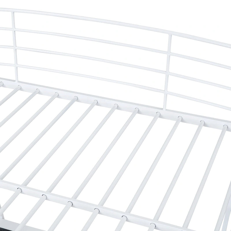 Cama alta de tamaño Full con 4 niveles de estantes y escritorio en forma de L, cama con elegante estructura metálica, puertos USB y carga inalámbrica, blanca