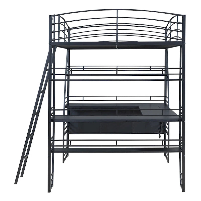 Cama alta de tamaño Full con 4 niveles de estantes y escritorio en forma de L, cama con elegante estructura metálica, puertos USB y carga inalámbrica, blanca