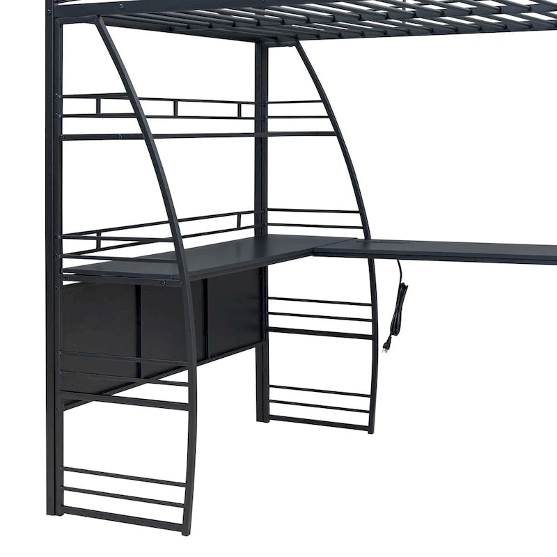 Cama alta de tamaño Full con 4 niveles de estantes y escritorio en forma de L, cama con elegante estructura metálica, puertos USB y carga inalámbrica, blanca