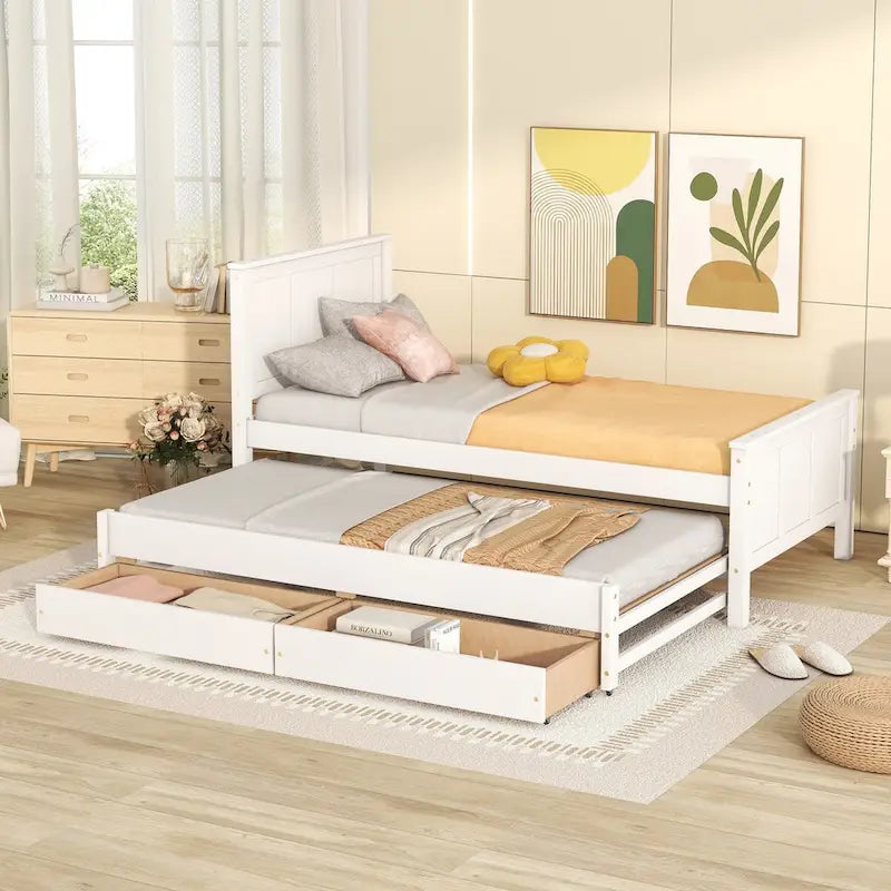 Cama con plataforma, cama nido y cajones