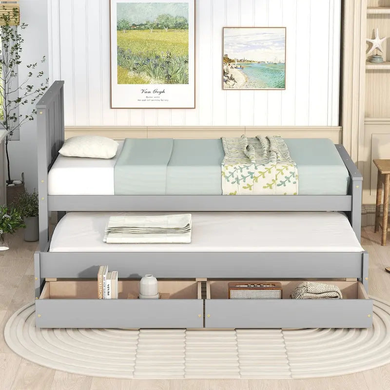 Cama con plataforma, cama nido y cajones