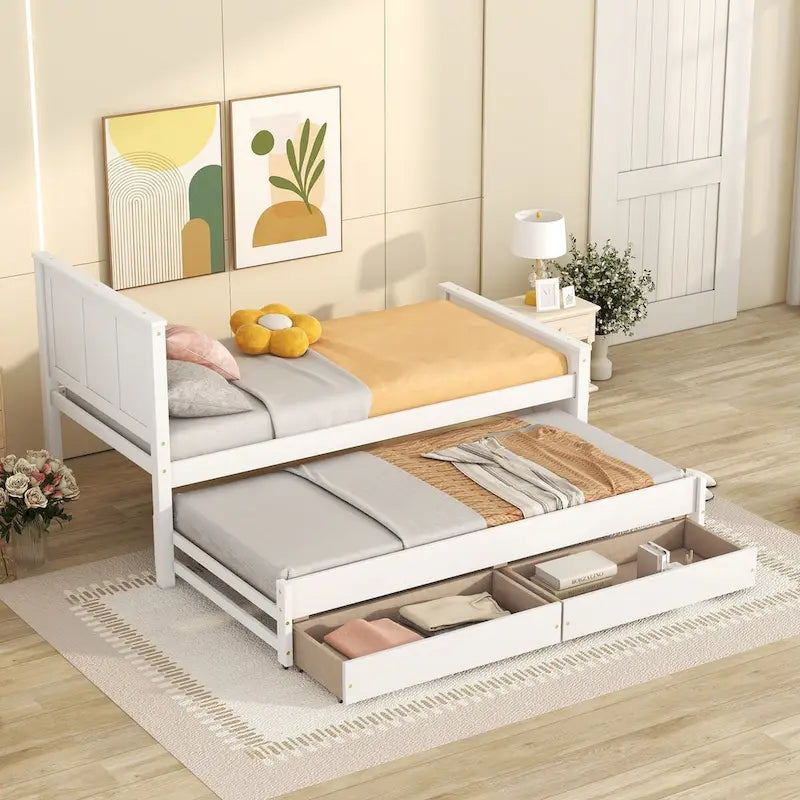 Cama con plataforma, cama nido y cajones