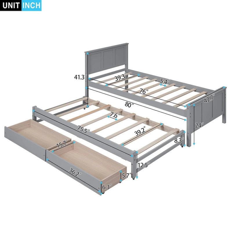 Cama con plataforma, cama nido y cajones