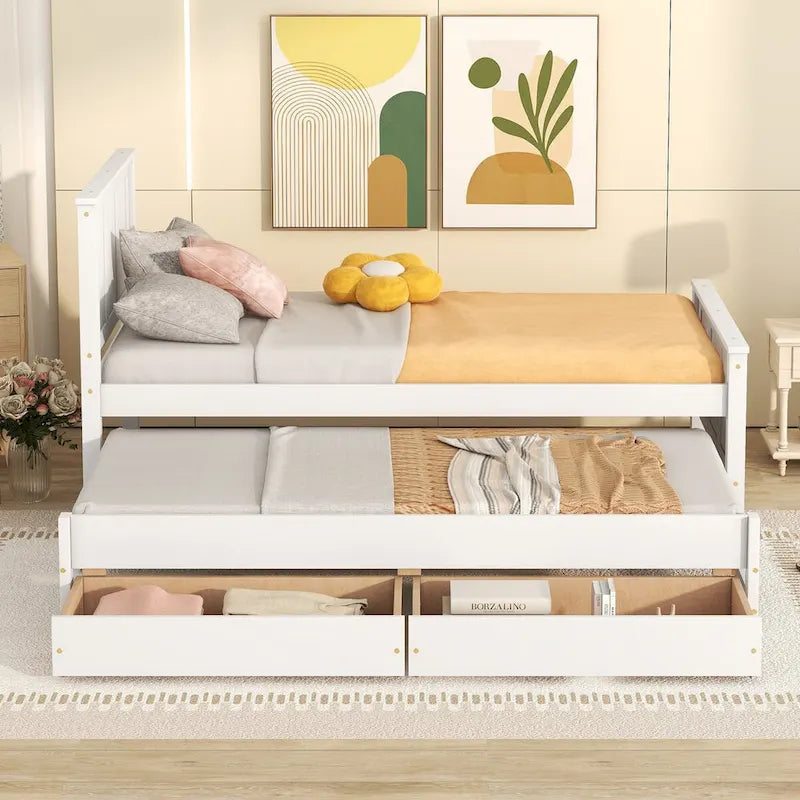 Cama con plataforma, cama nido y cajones