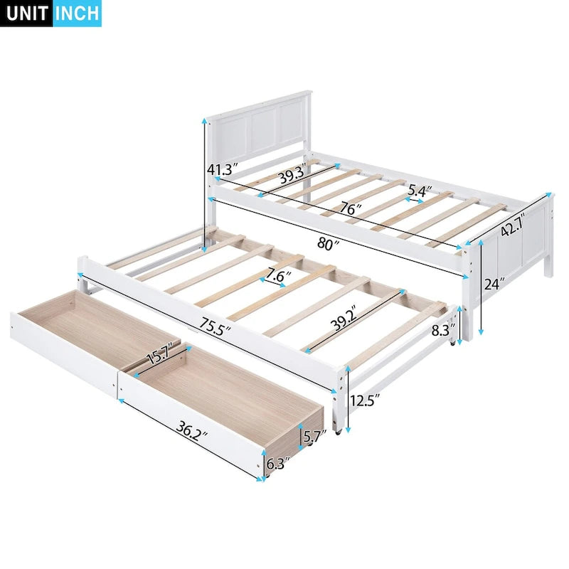 Cama con plataforma, cama nido y cajones
