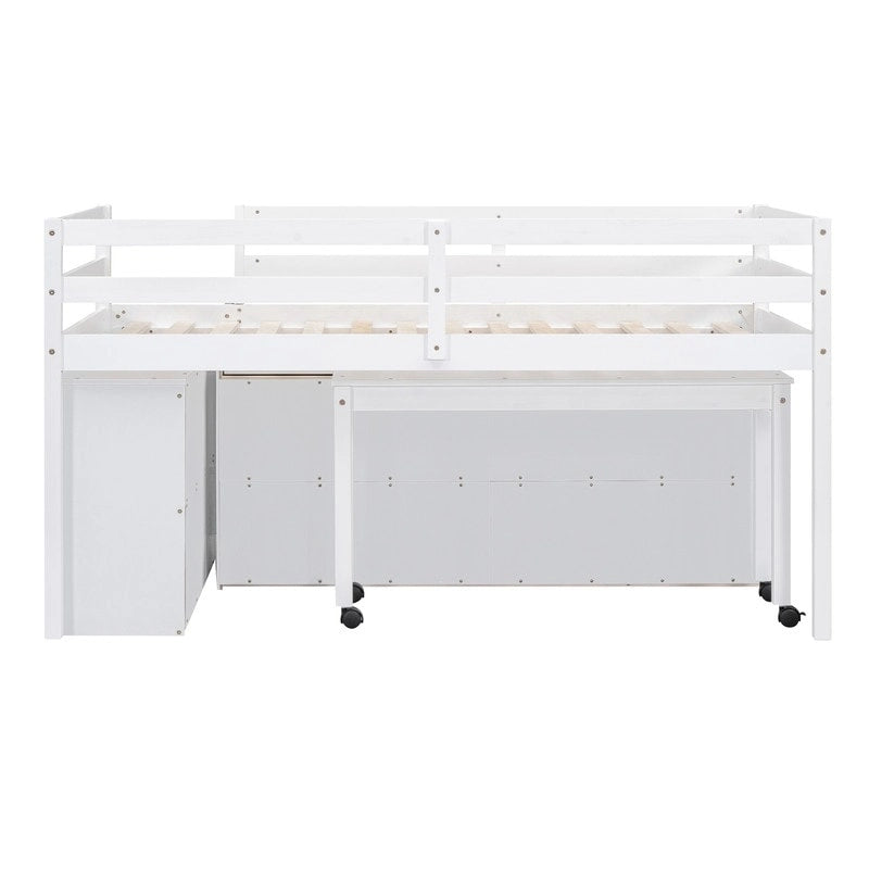 Cama alta baja de tamaño Twin/Full con escritorio retráctil para escribir y 4 cajones, estructura de cama alta de madera con escritorio lateral portátil y estantes