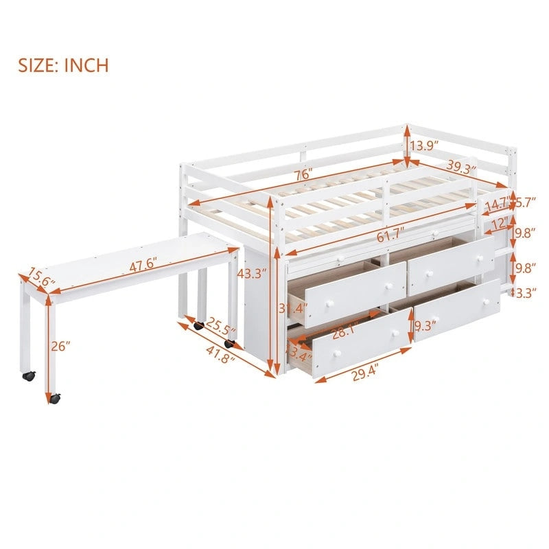 Lit mezzanine bas 1 personne/2 personnes avec bureau escamotable et 4 tiroirs, cadre de lit mezzanine en bois avec bureau latéral amovible et étagères