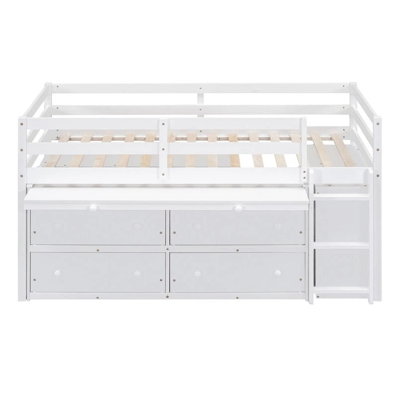 Lit mezzanine bas 1 personne/2 personnes avec bureau escamotable et 4 tiroirs, cadre de lit mezzanine en bois avec bureau latéral amovible et étagères